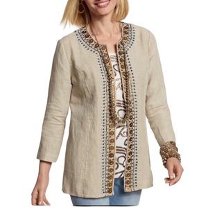 CHICO’S Boho Tan Linen Beaded Jacket Size 0 Small